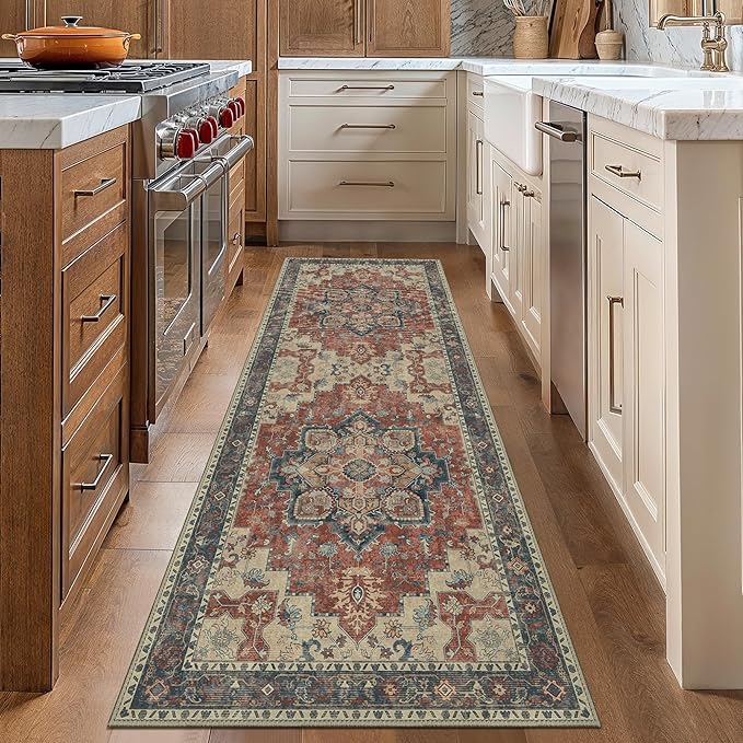 GENIMO 2'6''x8 Runner Rugs for Hallway, Machine Washable Non Slip Vintage Rugs, Low Pile Lightweight Soft Print Rug for enrtyway, Corridor, Home Office, Kitchen, Bordeaux