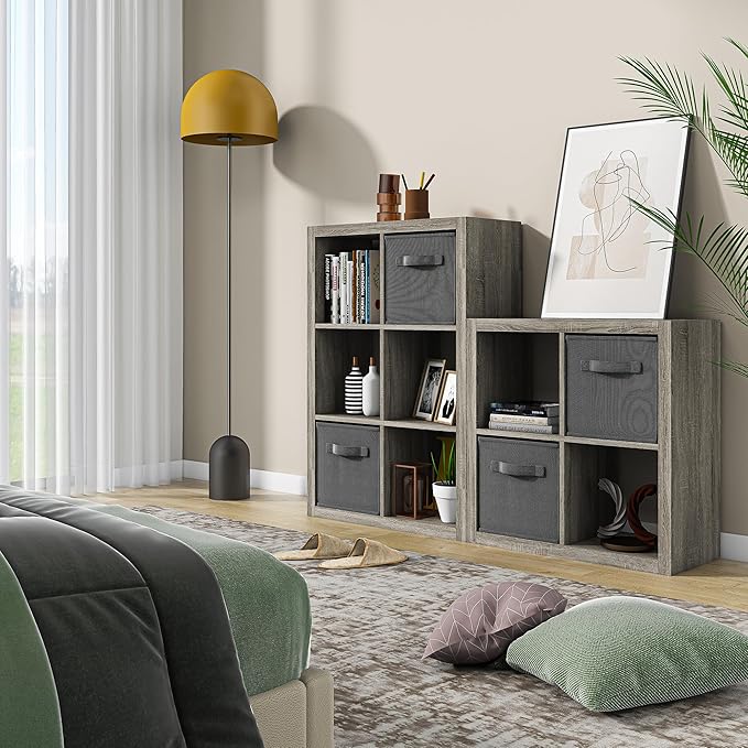 furtble Bookshelf with Storage Bin, 4-Cube Storage Organizer, Modern Wood Open Bookcase, Multifunctional Display Shelf for Living Room, Bedroom, Home Office, Gray Oak