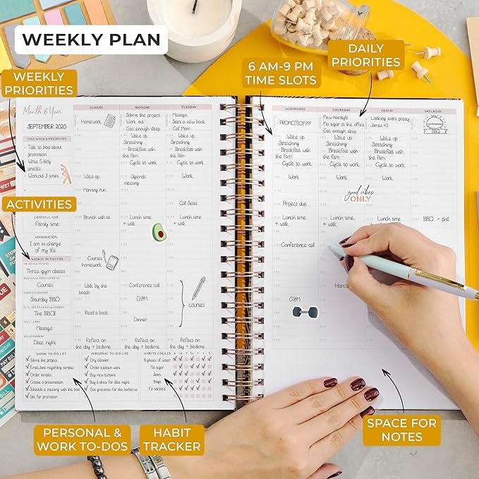 PLANBERRY Large Hourly Schedule Planner Premium – Undated Organizer for Productivity, Time Management & Budget, 8x10.4″ (Onyx Black)