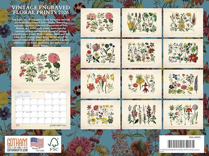 Vintage Engraved Floral Botanical Flowers Calendar 2026 Monthly Wall Calender 12 Month | American Made In The USA