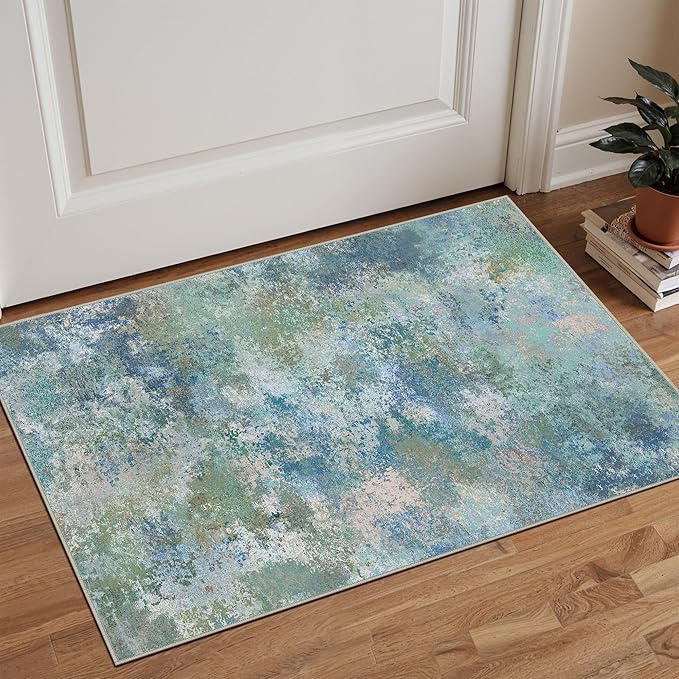 GENIMO 2x3 Rugs for Entryway Entrance, Modern Lightweight Rug Ultra Soft Indoor Area Rugs 2x3 for Bedroom Kitchen Bathroom, Low Pile Carpet with Non Slip Backing, Blue Green