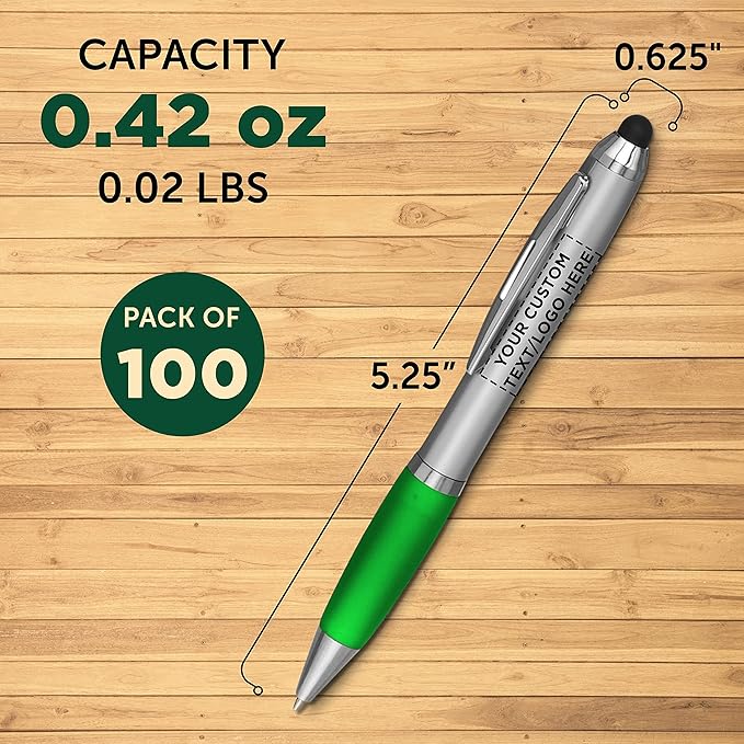 DISCOUNT PROMOS Custom Stylus Ballpoint Pens Set of 100, Personalized Bulk Pack - Black Ink, Great for Office, School, Business, Tradeshows, Events - Green