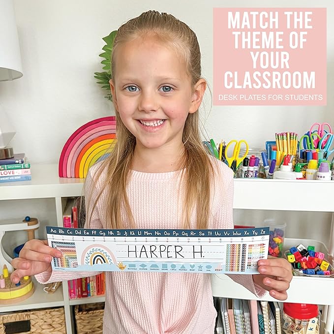 Desk Name Tags for Classroom -25 Student Name Plates for Classroom Kindergarten, Preschool, 1st, 2nd & 3rd Grade, 13x3 Teacher Nameplates for Student Desks, Boho Nametags