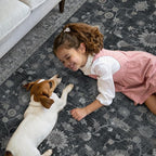 GENIMO Machine Washable 9x12 Area Rugs for Living Room, Non Slip Vintage Rugs, Low Pile Lightweight Chenille Print Rug for Bedroom, Dining Room, Home Office, Charcoal