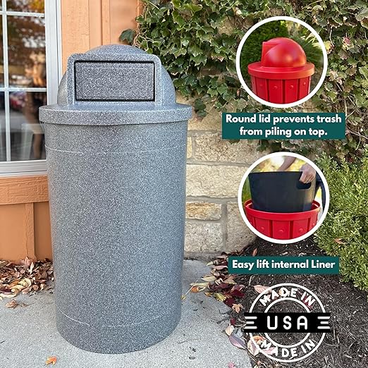 Campus Collection 55 Gallon Round Plastic Heavy Duty Commercial Indoor or Outdoor Trash Can with Push Open Dome Lid and Internal Liner | Great for Schools and Businesses - Light Granite
