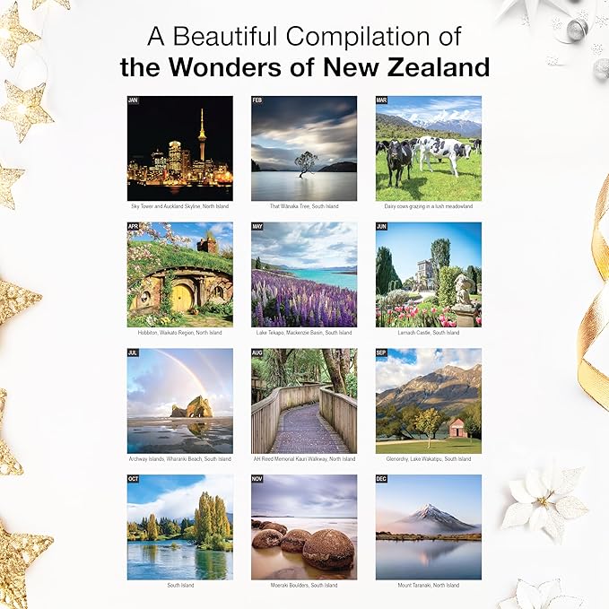 RED EMBER New Zealand 2026 Wall Calendar 12 Month | 12" x 24" Open | Thick & Sturdy Paper | Holiday Gift | Travel Calendar 2026