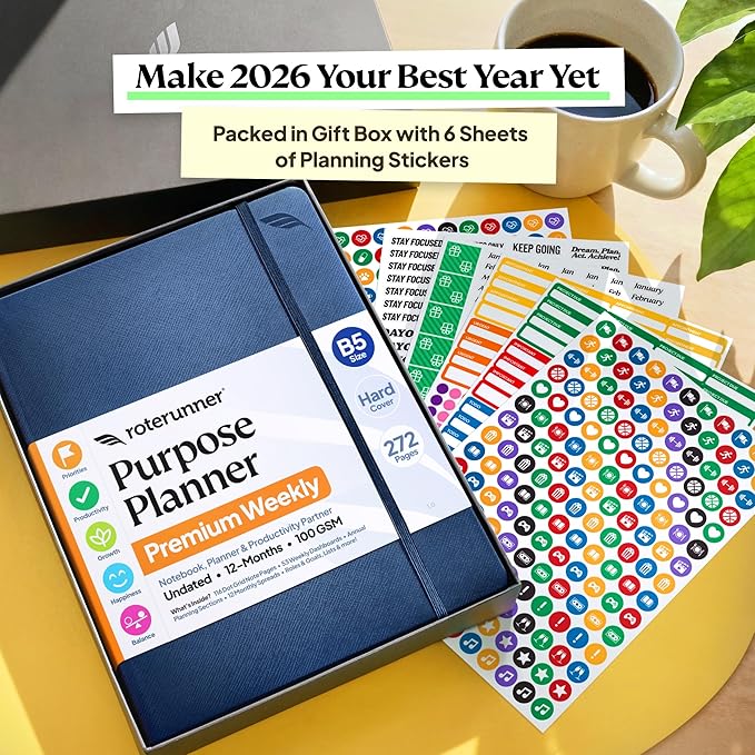 Roterunner Purpose Planner Notebook B5 7.5”x9.8” 12 Month Undated 2026 Daily Weekly and Monthly Productivity Goal Setting Tool for Work Home ADHD Planner for Adults Self Care Journa (Black)