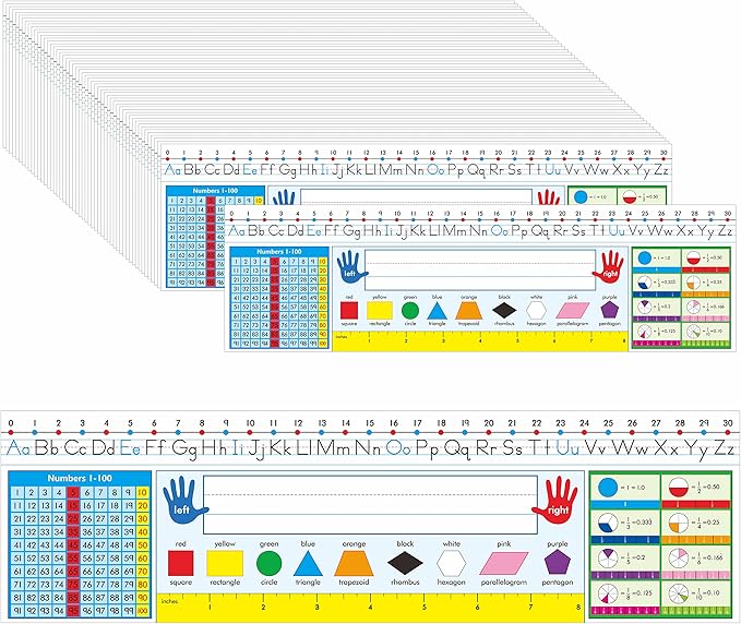 36 PCS Desk Nameplates, Double Sided PET Film Desk Name Tags with Alphabet, Numbers, Fractions, Shapes, Colors and Ruler Erasable & Reusable Traditional Manuscript Name Plate for Classroom (14” x 4”)