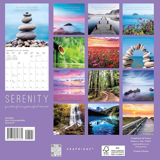 Graphique 2026 Serenity Mini Wall Calendar | 7” x 7” | Thick Paper | Home & Office Organizer | Large Monthly Grid | 3 Languages & Marked Holidays | 4 Month Preview Page for 2027