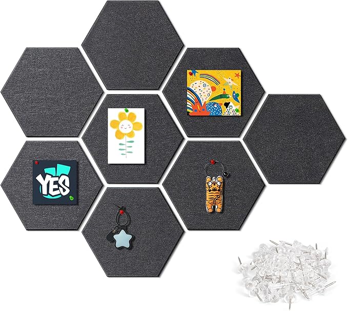 Fwpelt 12'' Large Hexagon Cork-Bulletin Boards for Walls, Self-Adhesive Modern Corkboard, Frameless Felt Pinboard, Prayer-Vision Pin Board for Office, Pack of 8 Hex Cork Tiles with 30 Pushpins