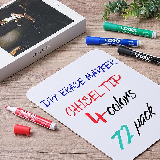 Ezzgol Dry Erase Markers Bulk, 72 Pack Basic Multi-color Red Blue Black Green Low Odor Whiteboard Markers, Chisel Tip Dry Erase Markers for Writing on Dry Erase Whiteboard for School, Office, Home