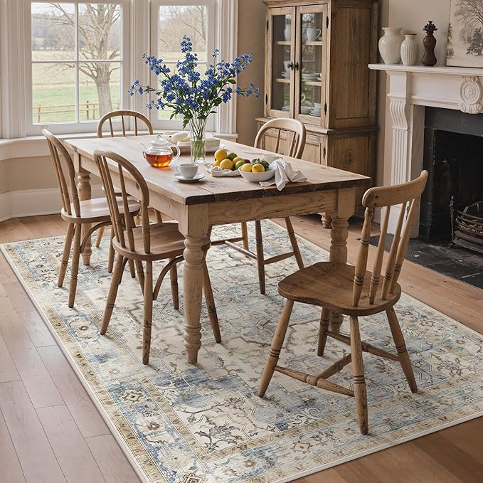 GENIMO 5x7 Area Rugs for Living Room, Machine Washable Rug, Non Slip Indoor Vintage Rug, Low Pile Lightweight Chenille Print Carpet for Bedroom Dining Room Home Office, Mint Sage