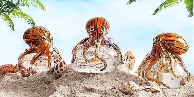 EUSTUMA Hand Blown Glass Octopus Figurine Ornament,Sea Animal Ornament for Fish Tank Aquarium,Sea Animals Collection for Birthday Gift,Glass Office Paperweight for Desk.