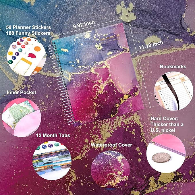 CAGIE 2026 planner weekly and monthly: 12 Months Jan 2026 - Dec 2026 Hardcover Yearly Daily Planner 2026 monthly planner 8.5 x 11, Large Spiral Bound Calendar Planner for Women Weekly Agenda with Tabs Stickers, Purple Marble