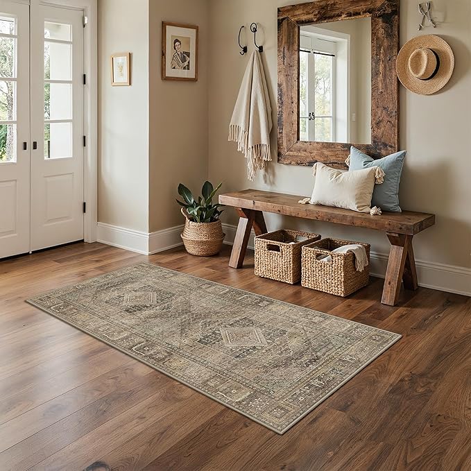 GENIMO Runner Rug 2x7 Non Slip Machine Washable Hallway Runner Vintage Rug, Low Pile Lightweight Rugs for Entryway, Hallway, Kitchen and Corridor, Chestnut Brown