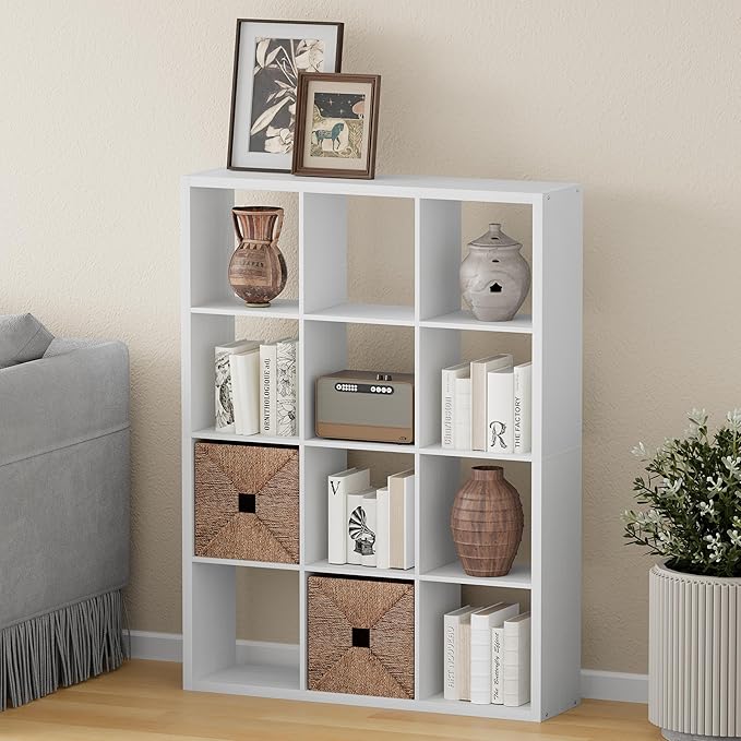 Jpiziso 12-Cube Storage Organizer, Wooden Cube Shelf Bookcase with Reinforced Thick Shelves, Heavy-Duty 36.93" L x 9.37" W x 48.82" H, for Living Room Bedroom Home Office, White