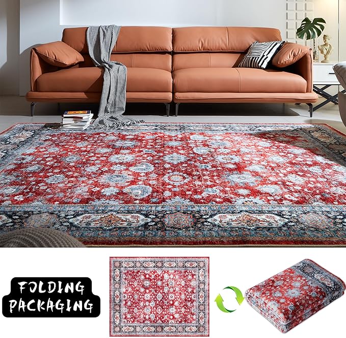 Rugcomf Runner Rug 2'x6' Hallway Rug Washable Boho Soft Area Rug Non-Slip Non-Shedding Faux Wool Vintage for Kitchen, Entryway, Laundry, Bedroom, Indoor (Red)