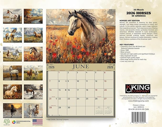 2026 Horses Illustrated Wall Calendar 16-Month X-Large Size 14x22, Horse Calendar by The KING Company-Monster Calendars