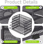 Cawukege 5 Tier Paper Organizer with Handle, Metal Mesh Desk Organizer File Folder Paper Letter Tray Desktop Document Sorter for Classroom, School, Office Accessories Organization and Storage - Grey