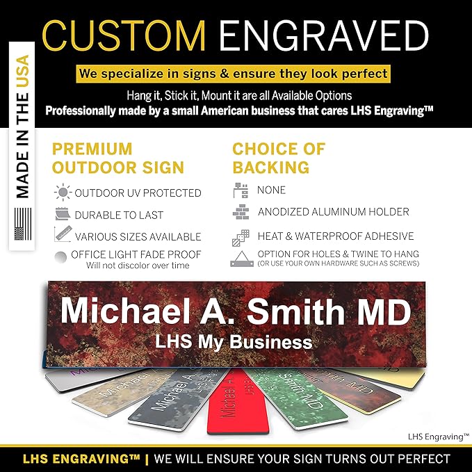 Personalized Name Plate with Choice of Mounting Holders for Walls, Doors, Cubicles, Hanging and More - Custom Gloss Rustico Granite Plastic White Letters - USA Made 2x6 - S2