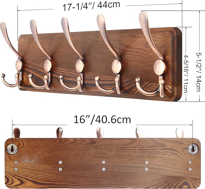 SKOLOO Coat Rack Wall Mounted - Pack of 2, Wooden, Heavy Duty, Rustic Coat Hooks for Wall, Wall Coat Rack with 5 Triple Hooks for Hanging Clothes, Jacket, Hat(Brown & Retro Red)