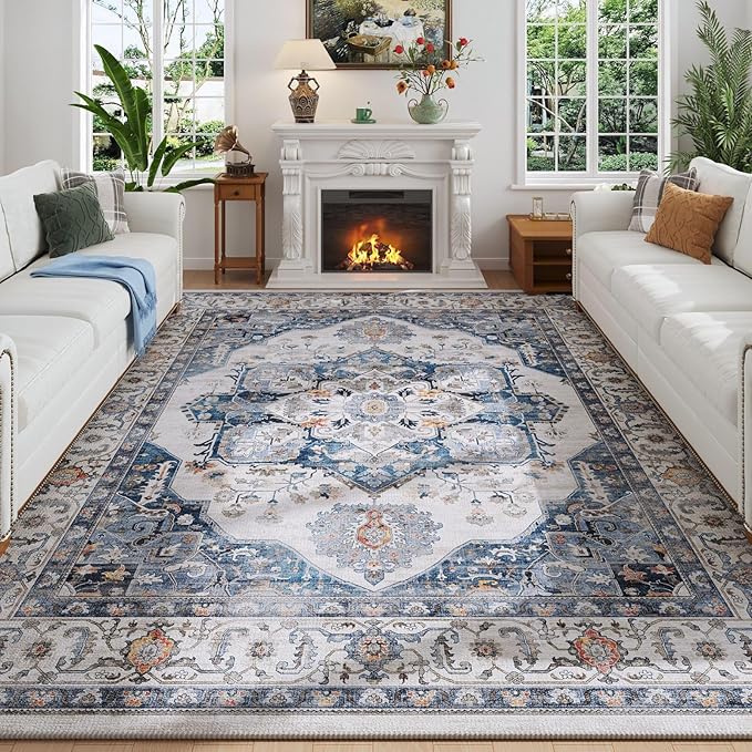 Rugcomf Vintage Medallion Living Room Rug 5'x7' - Machine Washable Area Rug, Non-Slip Low Pile Boho Carpet for Bedroom, Dining Room, Farmhouse, Office, Kids Playroom - Blue