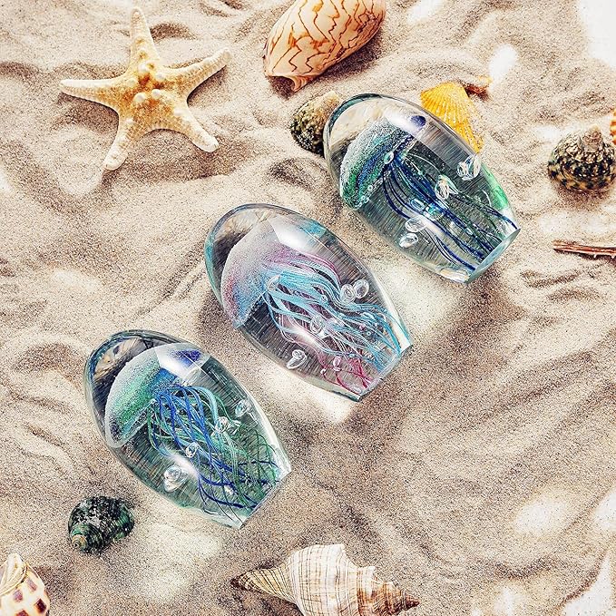 EUSTUMA Hand Blown Glass Jellyfish Figurine Ornament,Sea Animal Ornament for Fish Tank Aquarium,Sea Animals Collection for Birthday Gift,Office Glass Paperweight for Desk.