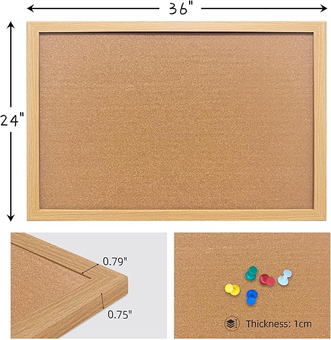 Yunihome Cork Bulletin Board, 36x24 Inches Hanging Cork Board Wooden Framed with Pins for Wall, Dorm Room, Office, Home Decor – Natural Cork & Black Frame