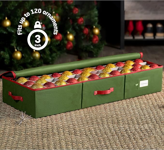 ZOBER Underbed Christmas Ornament Storage Box - Stores 120 3" Ornaments, With Dividers - Tear Proof 600D Oxford Fabric, Ornament Organizer Storage Box, Durable Christmas Containers Holder - Green