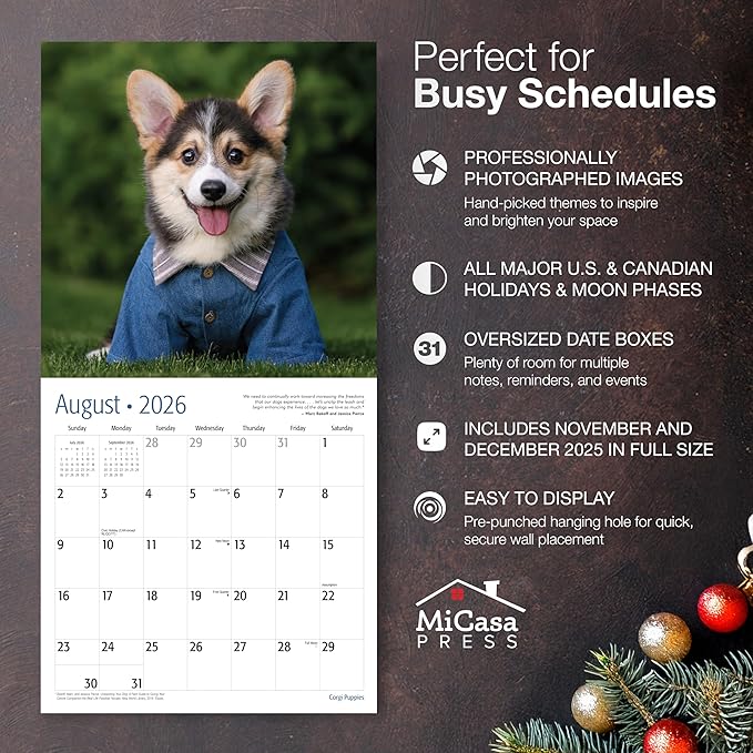 MICASA PRESS Corgi Puppies 2026 Wall Calendar 12 Month | 12" x 24" Open | Thick & Sturdy Paper | Holiday Gift | Cute Puppy Dog Calendar 2026