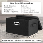 Graciadeco Medium 15" 21 Quart Collapsible Stackable Storage Bins with Lids, 1 Pack Black Foldable Fabric Closet Storage Boxes with Lids, 4 Handles Heavy-duty Linen Cube Baskets for Bedroom