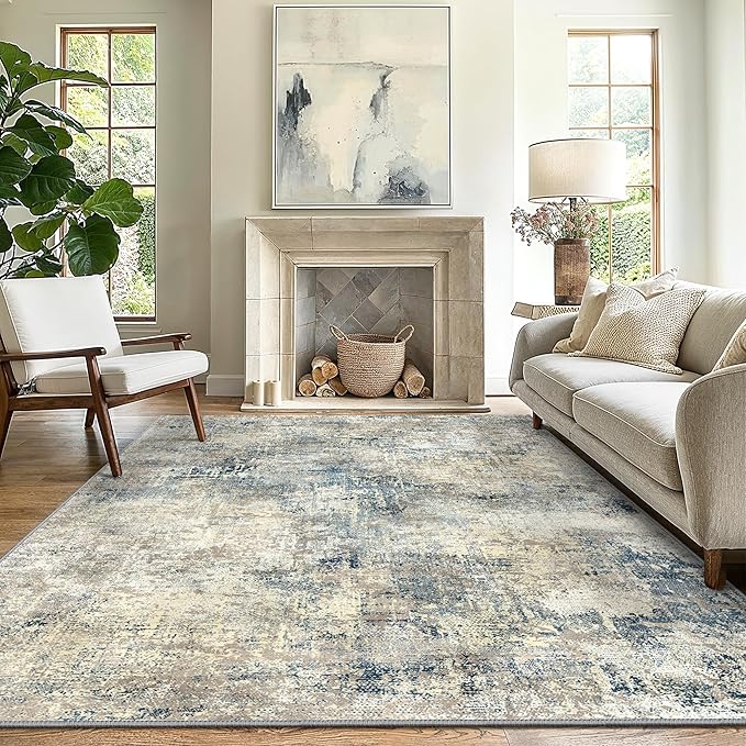 GENIMO Washable Area Rugs for Living Room, 10x14 Modern Non Slip Rugs, Low Pile Lightweight Soft Print Rug for Bedroom, Dining Room, Home Office, Blue Grey Beige