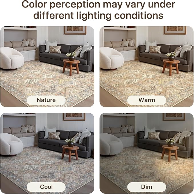 GENIMO 9x12 Area Rugs for Living Room, Machine Washable Non Slip Vintage Rugs, Low Pile Lightweight Print Rug for Bedroom, Dining Room, Home Office, Warm Brown