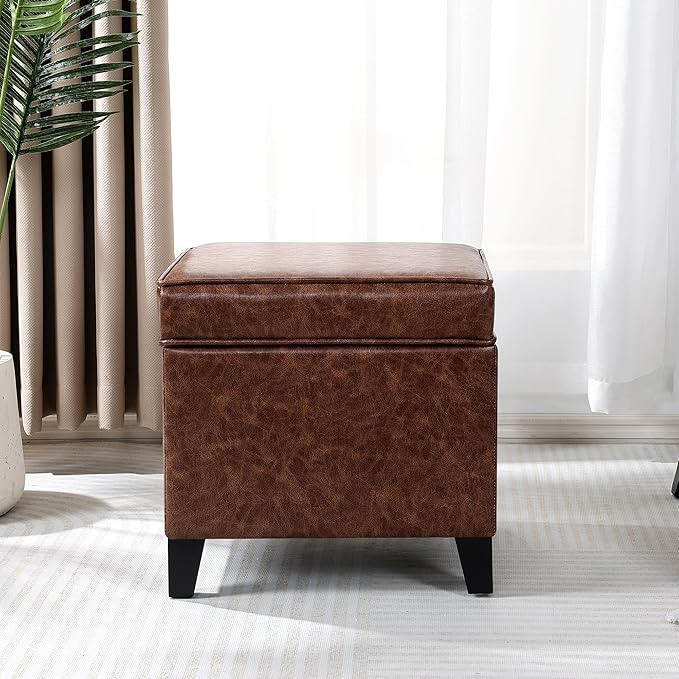 Adeco 17" Storage Ottoman Foot Rest Stool, Dark Brown Leather Ottoman with Black Solid Wood Legs and Hinged Lid, Small Foot Stool for Living Room, Bedroom