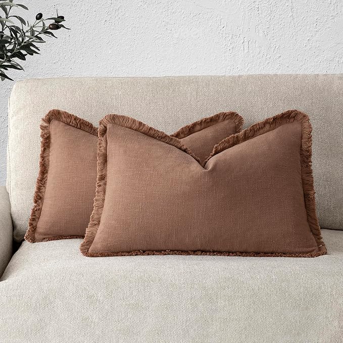 Foindtower Set of 2 Decorative Linen Fringe Lumbar Throw Pillow Covers Boho Farmhouse Cushion Cover with Tassels Soft Cozy Accent Pillowcase for Chair Sofa Couch Living Room Home Decor,12×20 Inch,Rust