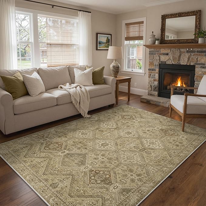 GENIMO 5x7 Area Rugs for Living Room, Machine Washable Non Slip Vintage Rugs, Low Pile Lightweight Print Rug for Bedroom, Dining Room, Home Office, Tan Brown