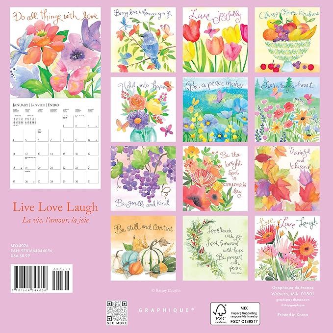 Graphique 2026 Live Love Laugh Mini Wall Calendar | 7” x 7” | Thick Paper | Home & Office Organizer | Large Monthly Grid | 3 Languages & Marked Holidays | 4 Month Preview Page for 2027