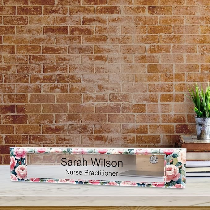 Signs ByLITA Floral Pattern Customized Nameplate | Rose Blush Personalized Full Color Acrylic Desk Sign