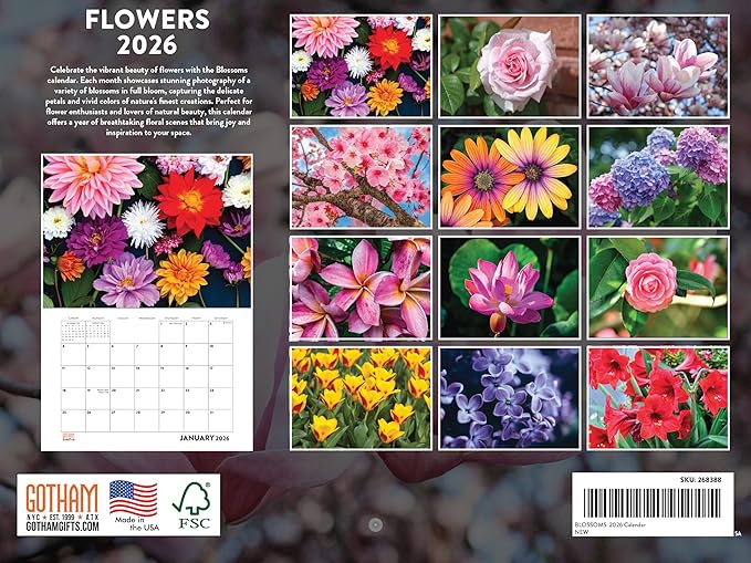 Flower Blossom Calendar 2026 Floral Monthly Wall Calender 12 Month | American Made In The USA