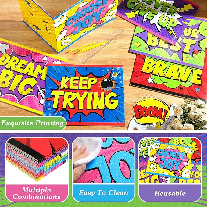 Affrolling 12 Pcs Inspirational Privacy Folders Bulk for Students Cardboard Privacy Boards Desk Divider Panel Waterproof Testing Divider for Classroom Back to School Study Supplies (Hero)
