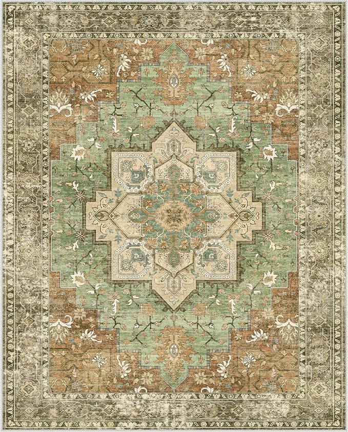 GENIMO 8x10 Area Rugs for Living Room, Machine Washable Rug, Non Slip Indoor Vintage Rug, Low Pile Lightweight Chenille Print Carpet for Bedroom Dining Room Home Office, Muted Green Brown