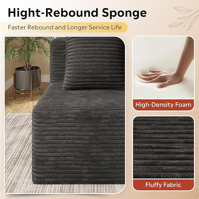 WLIVE 32'' Boneless Couch for Living Room, Modular Sectional Sofa, Cloud Memory Foam Couch L Shape with Chaise, Black