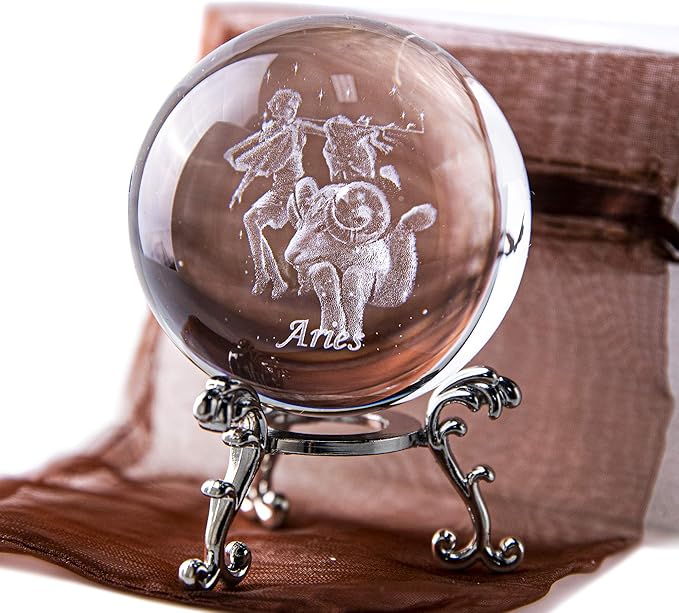 3D Laser Constellation Ball Crystal Paperweight Full Sphere Glass Fengshui with Sliver-Plated Flowering Stand(Aries)