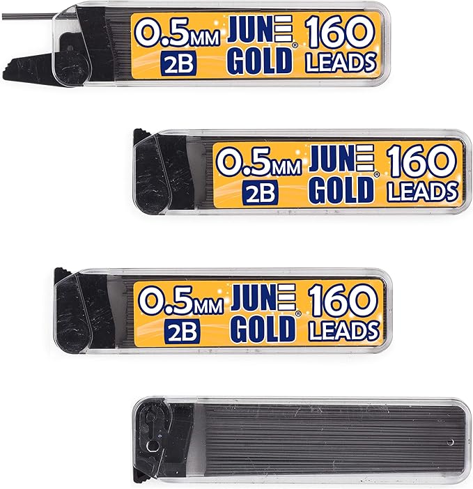 June Gold 640 Pieces, 0.5 mm 2B Lead Refills, 160 Pieces Per Dispenser, Fine Thickness, Break Resistant Lead/Graphite (Pack of 4 Dispensers)