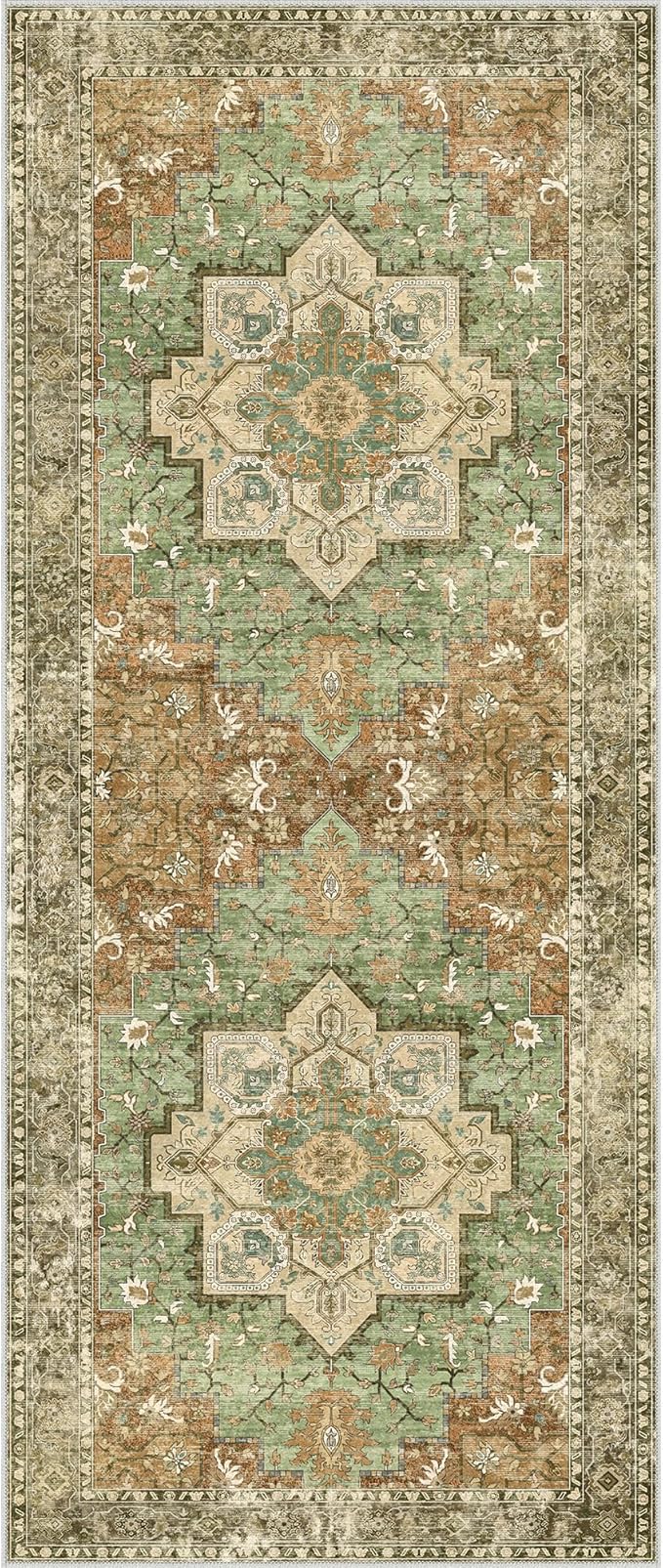 GENIMO 2'6"x6 Runner Rugs for Hallway, Machine Washable Non Slip Vintage Rugs, Low Pile Lightweight Soft Print Rug for enrtyway, Corridor, Home, Office, Kitchen, Muted Green Brown