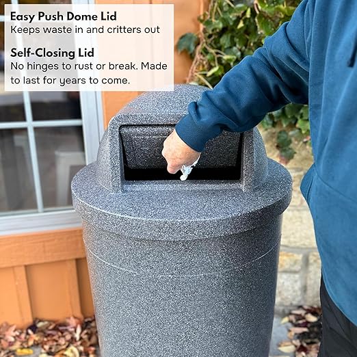 Campus Collection 55 Gallon Round Heavy-Duty Plastic Commercial Outdoor or Indor Trash Can with Push Open Dome Lid and Internal Liner | Great for Schools and Businesses - Beige Granite