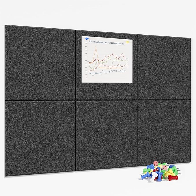 Neatsure Large Cork Board for Wall, 36" x 24" Bulletin Board with Pushpins, 6 Panels Felt Tiles Tack Push Pin Board for Office, Dark Gray