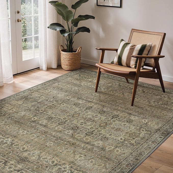 GENIMO 8x10 Area Rugs for Living Room, Machine Washable Non Slip Vintage Rugs, Low Pile Lightweight Chenille Print Rug for Bedroom, Dining Room, Home Office, Green Khaki