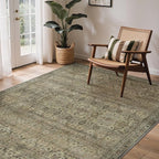 GENIMO 8x10 Area Rugs for Living Room, Machine Washable Non Slip Vintage Rugs, Low Pile Lightweight Chenille Print Rug for Bedroom, Dining Room, Home Office, Green Khaki