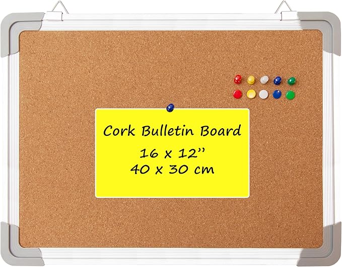Cork Board Set for Wall - Bulletin Board Corkboard 16 x 12 in with 10 Thumb Tacks - Small Wall Hanging Pin Board Message Board Tack Board Organizer for Home, Office, Desk and Cubicle (16x12 inch)